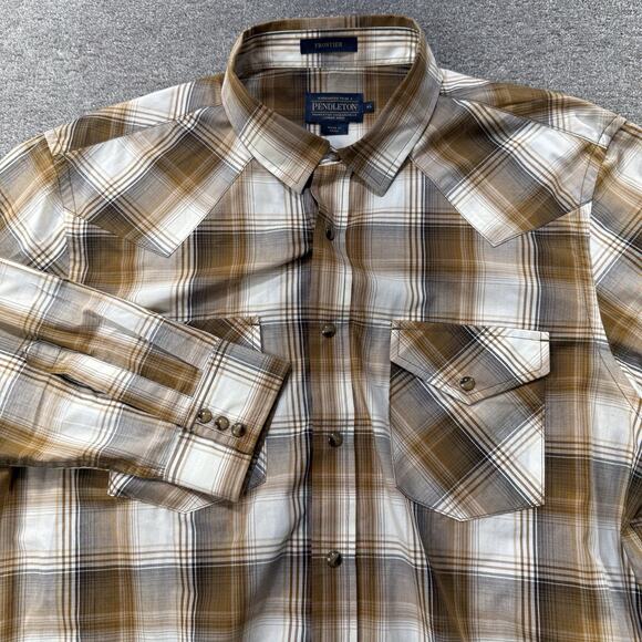 Pendleton Mens XL Frontier Western Snap Button Plaid Shirt Brown Tan Long Sleeve - Picture 1 of 10